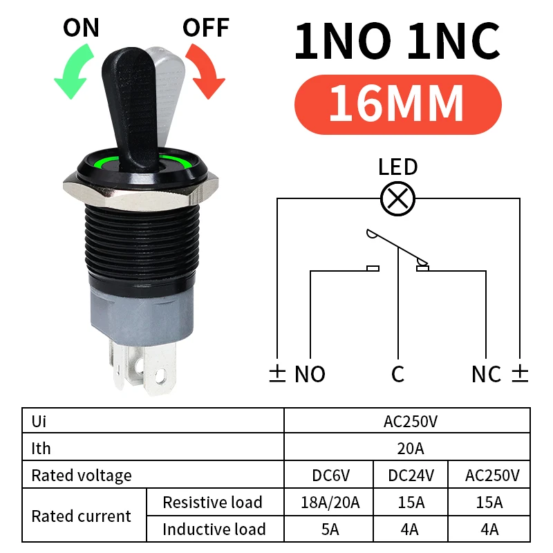 16MM Metal Toggle Switch Waterproof Bicolor LED Light 2 Position Self-locking On Off Micro Switch 1NO1NC 15A 12V 24V 220V 6pin