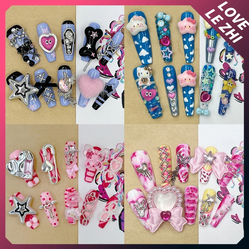 

Handmade Y2K Cartoon Long Coffin Fake Nails Spicy Girl 3D Flowers Five-Pointed Star Bowknot Pearl Diamond Detachable Fake Nails