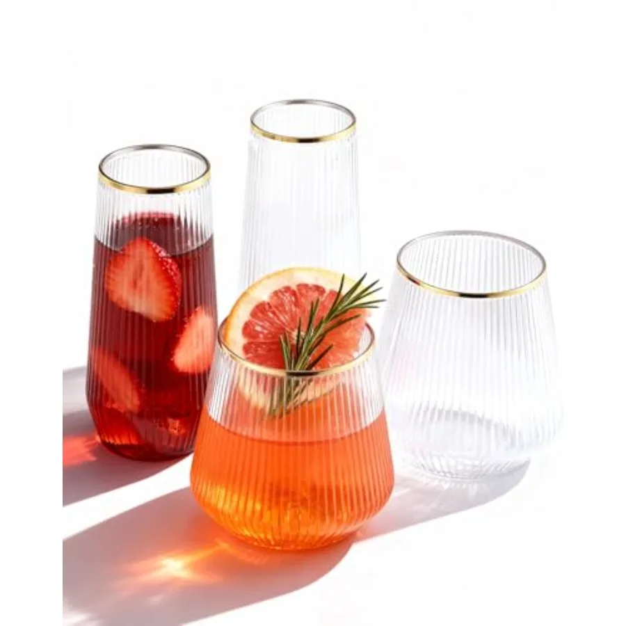 

48 Pack Disposable Ribbed Origami Ripple Plastic Glasses Set - 24 9 OZ Stemless Champagne Flutes and 24 12OZ Cups BPA-Free Shat