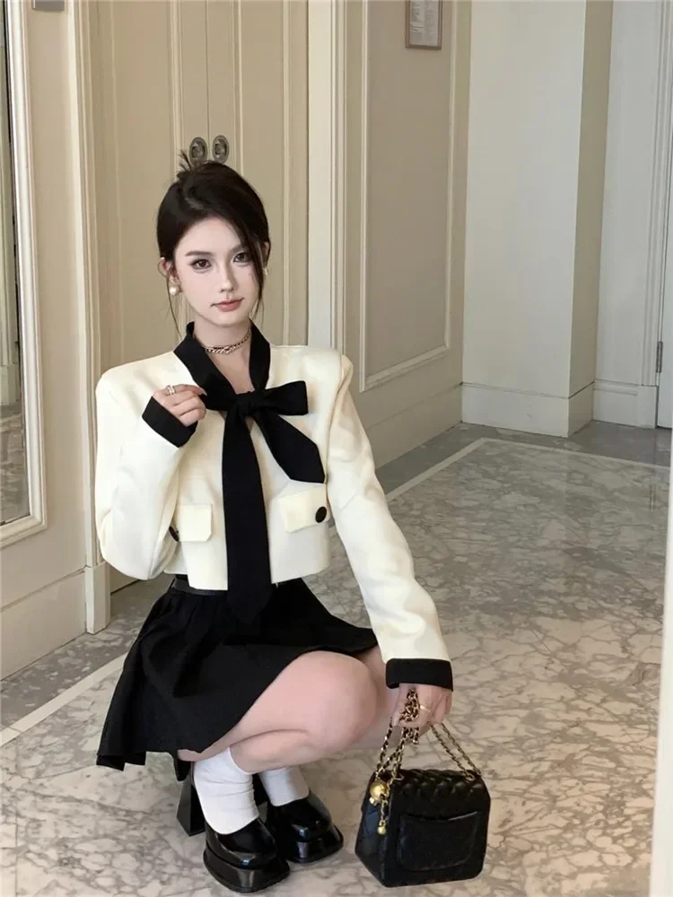 Women New Fall Two Piece V Neck White Short Bow Coat&High Waist pleated Black Skirt Sets Fashion Elegant 2 Piece Dress Suits