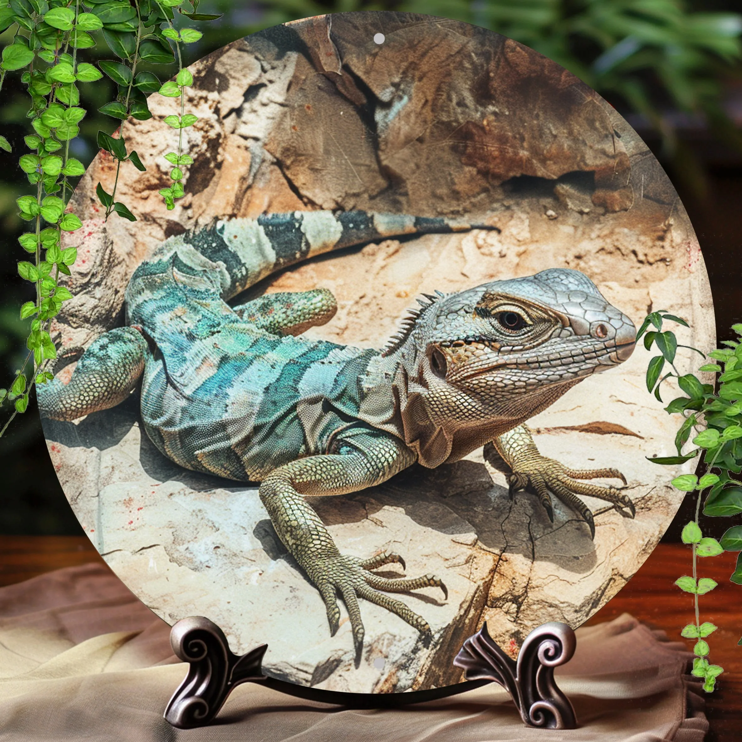 

[2D Flat] 1pc Vintage Lizard Metal Wall Art - 8x8 Inch Round Aluminum Sign With Detailed Green And Blue Reptile Design, Perfect