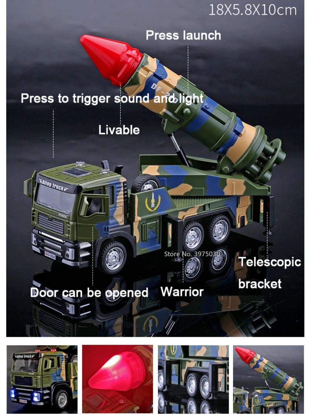 1/50 Scale Military Missile Rocket Launcher Alloy Diecast Engineering Vehicle with Light and Pull Back Series Toys for Boy Gifts