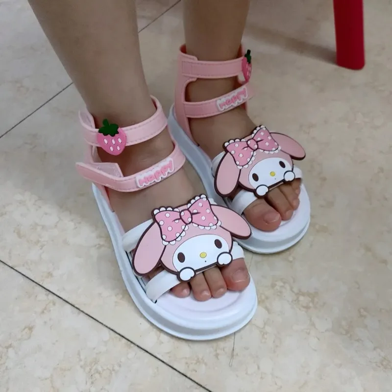 Sanrio Roman Sandals Kawaii Kuromi Melody Girls Beach Sandals Kids Floral Sandals Princess Sweet For Wedding Party Dress Shoes