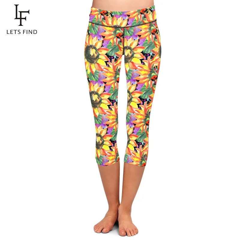 LETSFIND 2021 New 3D Watercolor Sunflower Digital Print Capri Leggings  Women High Waist Elastic Silm Leggings