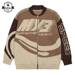 Mens Sweater Vintage Racing Cardigan Men Women Hip Hop Letter Pattern Unisex High Street Y2K Patchwork Zipper Knit Cardigan Coat