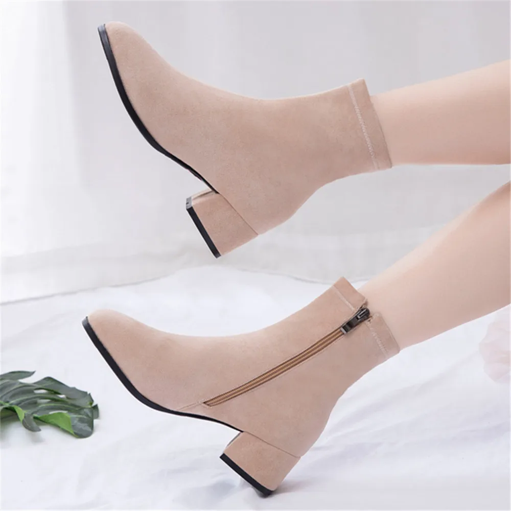 Woman Ankle Boots 2024 Autumn Winter Round Toe Low Heel Flock Black Comfortable Booties Lady Shoes Big Size 31 32 33 40 41 42 43