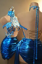 Fashion Show Dress blue rhinestones outfit sequin glitter fringe pole dance sexy mesh See-through party club birthday cloth
