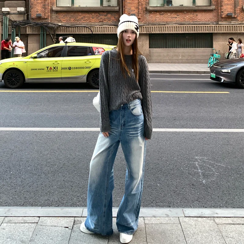 

Женские потертые джинсы с морщинами в стиле ретро, свободные и утягивающие широкие брюки, прямые брюки длиной до пола, длинные брюки