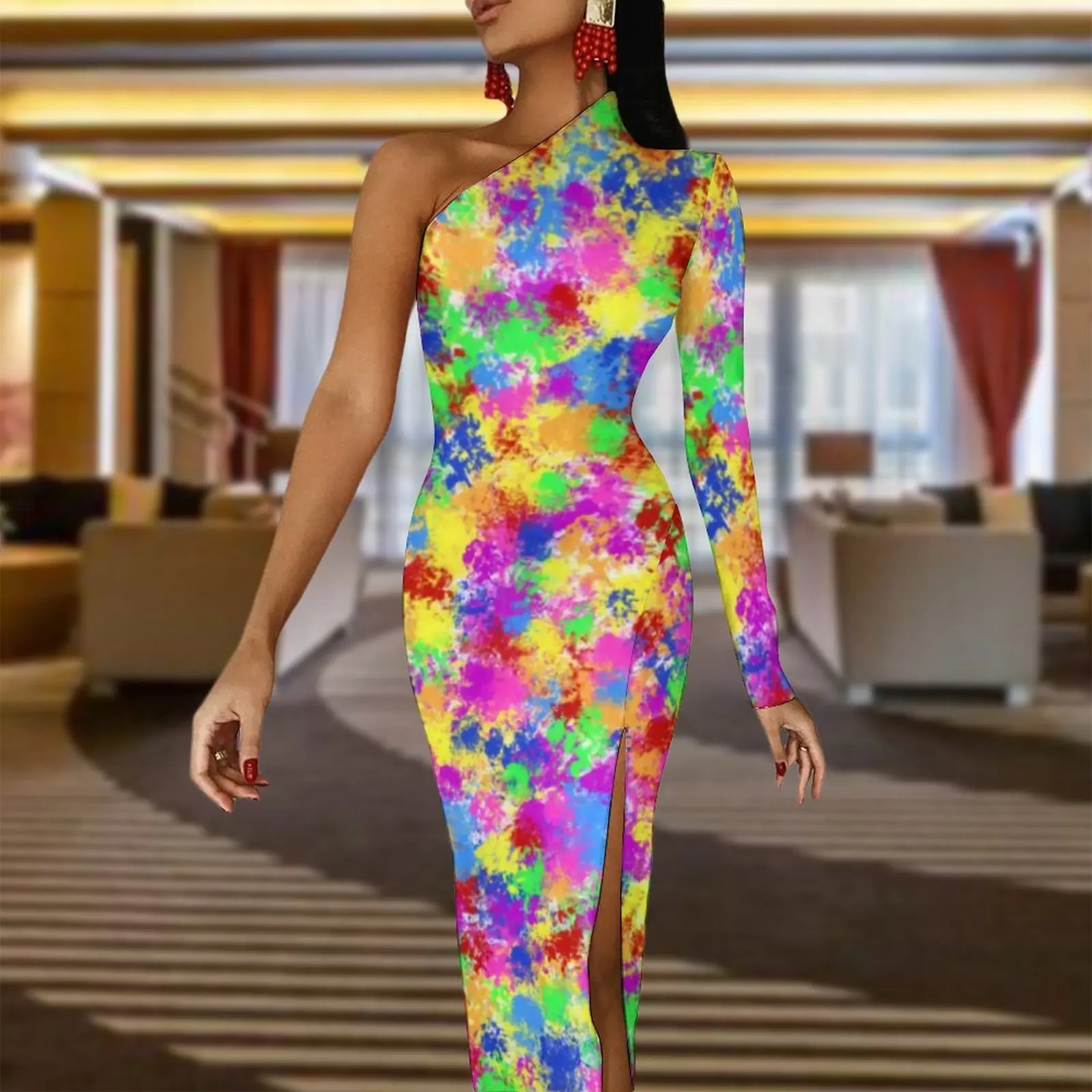 Rainbow Neon Paint High Slit Bodycon Dress Female Abstract Splash Kawaii Maxi Dress Autumn One Shoulder Streetwear Print Dresses