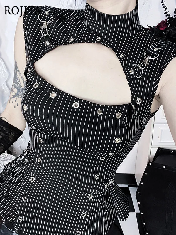 

Gothic Black Cut Out High Neck Top Subculture Striped Sleeveless Top Hollow Vest Breasted Waist Sexy Dark Wind T-Shirt