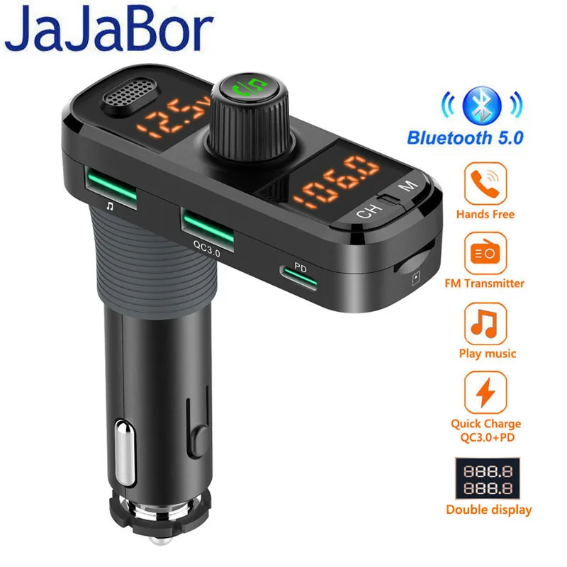 JaJaBor Bluetooth 5.0 Car Kit Handsfree Wireless FM Transmitter AUX Audio Receiver Car MP3 Player with PD18W QC3.0 Quick Charge