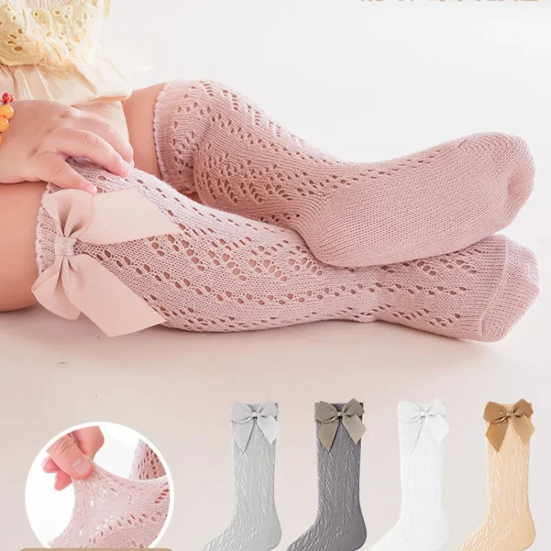 Neue Sommer-Babysocken mit Schleife für Kleinkinder Mädchen Lange Kniestrümpfe Weiche Baumwolle Durchbrochene Kinder-Netzsocken Prinzessinnen-Socken 0-5 Jahre