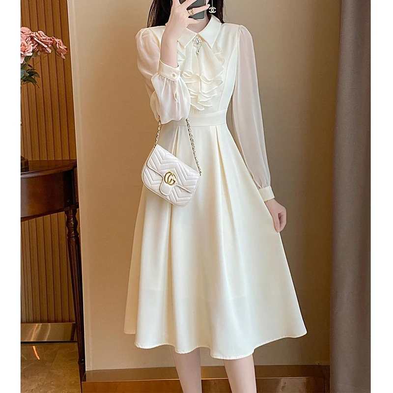 Vintage Ruffles Bow Elegant Fairy Party Dresses for Women 2023 Autumn Fashion White High Waist Slim Commuter Midi Dress Vestidos