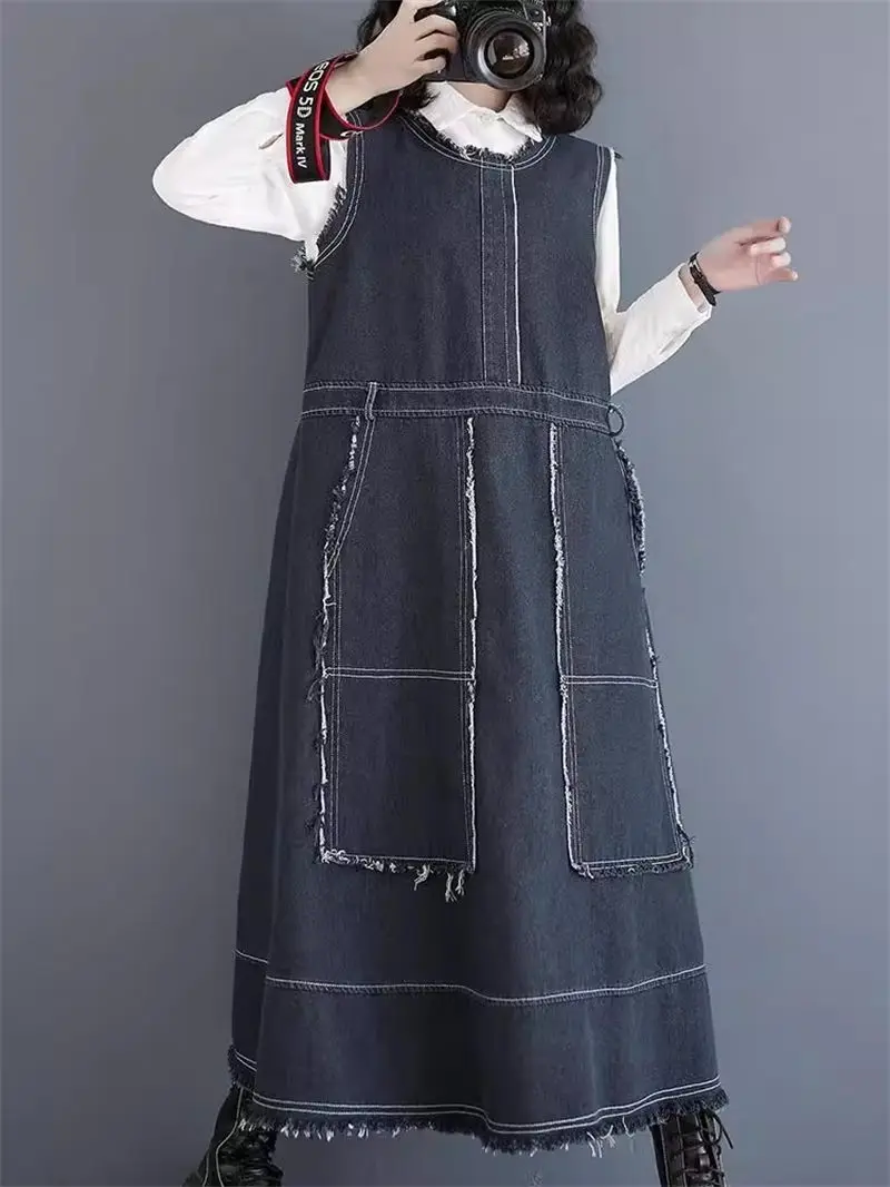 

Bright Thread Design Ruffled Edge Vintage Denim Dress Women's 2024 Fashion Versatile Round Neck Sleeveless Vest Jeans Dress K355