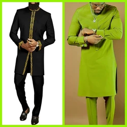 2024 New Men's Elegant Suit Men's Pants Two-piece Set Round Neck Solid Color Stitching Long Sleeve Party Social Ethnic Dress