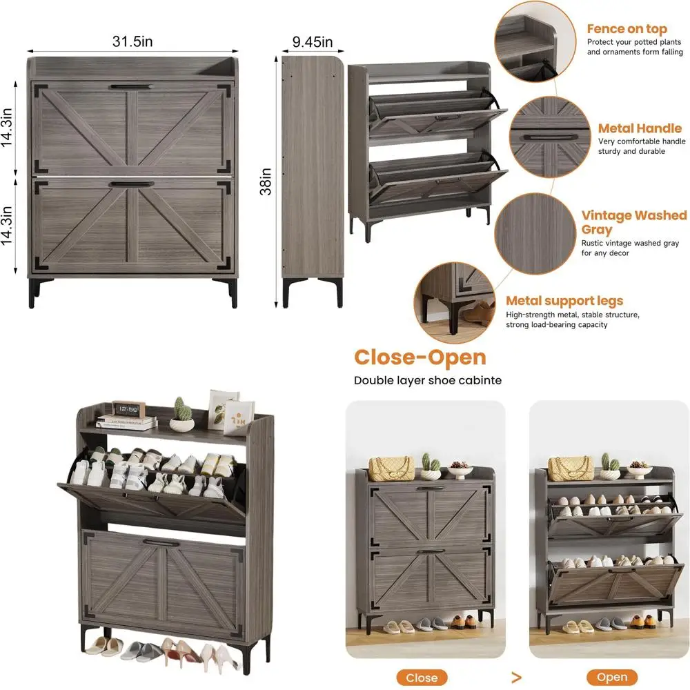 

White Farmhouse Style Shoe Storage Cabinet with 2 Flip Drawers and 2 Additional Drawers for Entryway