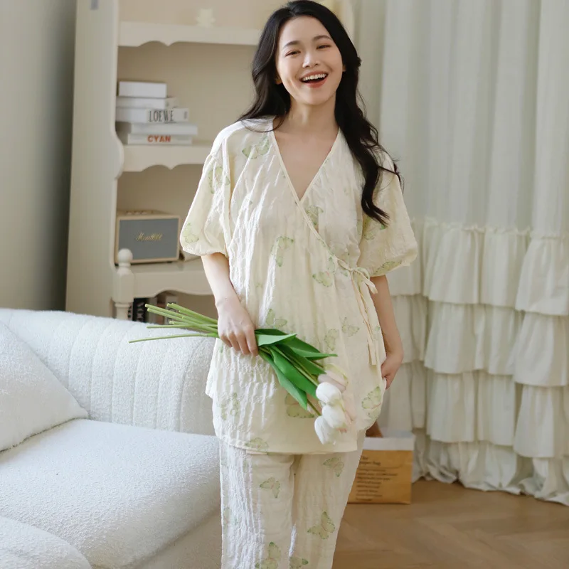 Summer Thin Cool Cotton Maternity Nursing Sleepwear Sets Short Sleeve Feeding Tops Belly Pants Pajamas Pregnancy Sleep Home Wear