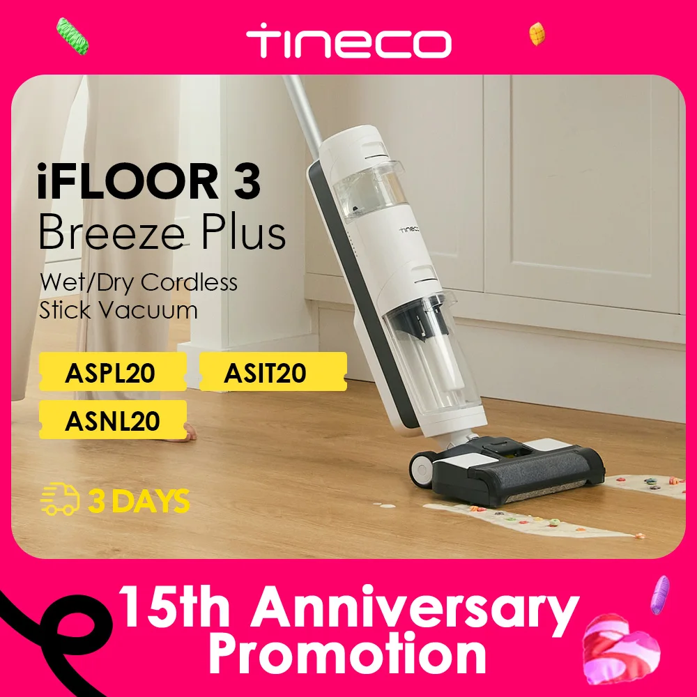 Tineco iFLOOR 3 Breeze Plus Wet Dry Vacuum Cordless Floor Cleaner and Mop One-Step Cleaning for Hard Floors