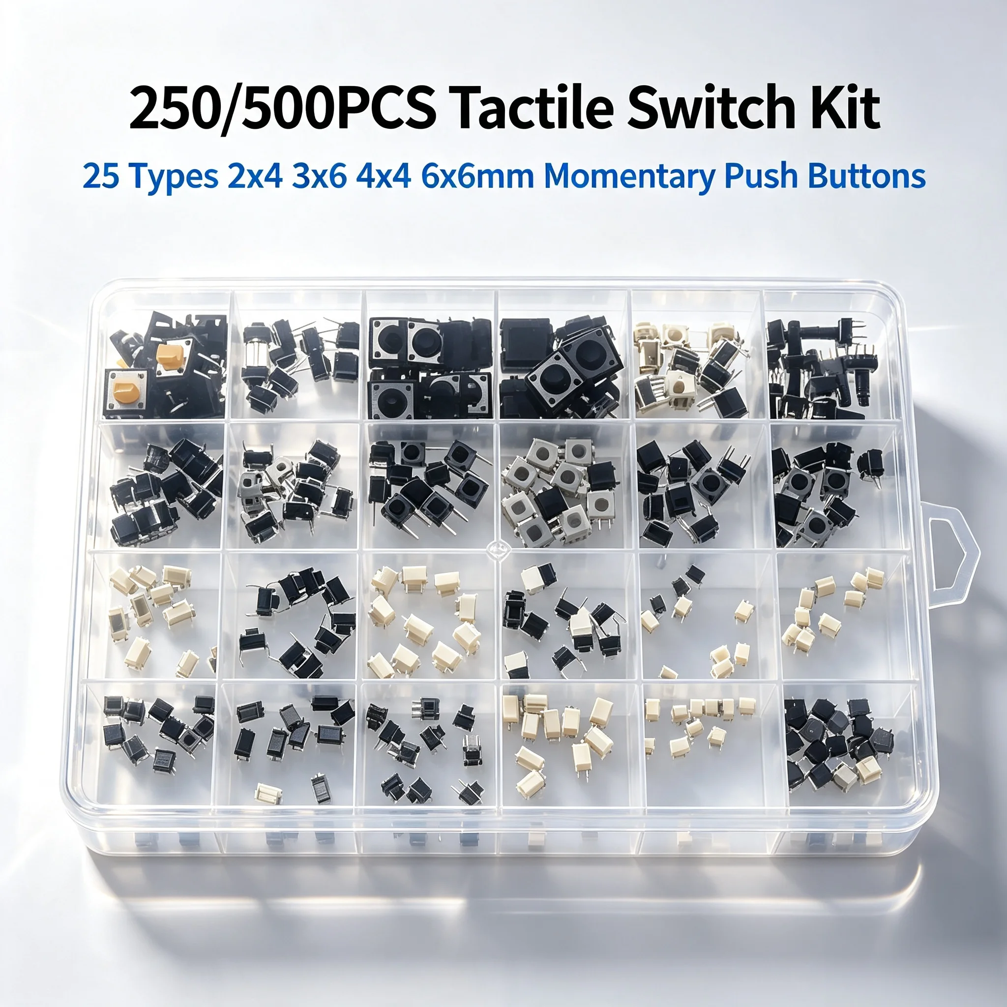 250/500PCS Boxed Tactile Push Button Switches 2x4 3x6 4x4 6x6mm 25 Kinds Mini Micro Momentary Tact Switch Assortment Kit For DIY