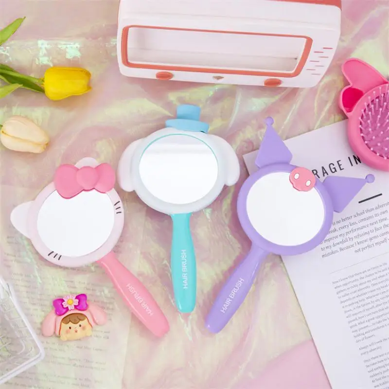 Kawaii Anime Sanrio My Melody Kuromi Cinnamoroll Cartoon Cute Makeup Mirror Handle Mirror Air Cushion Comb Massage Comb