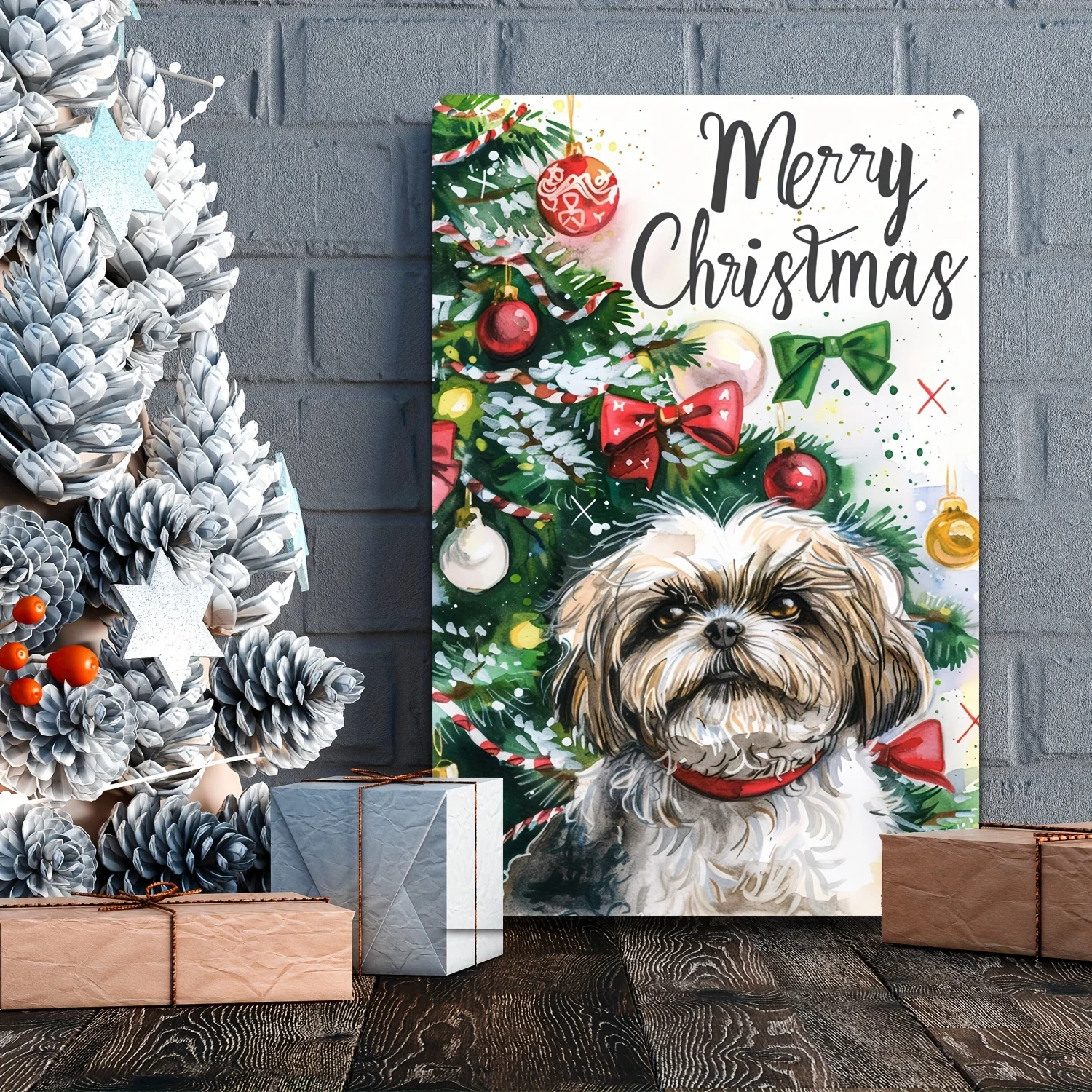 1pc 8x12 Inch(20cm X 30cm) Shih Tzu's Homervip Merry Christmas Message Tin Sign Cuddly Canine by the Tree for Seasonal Decor W
