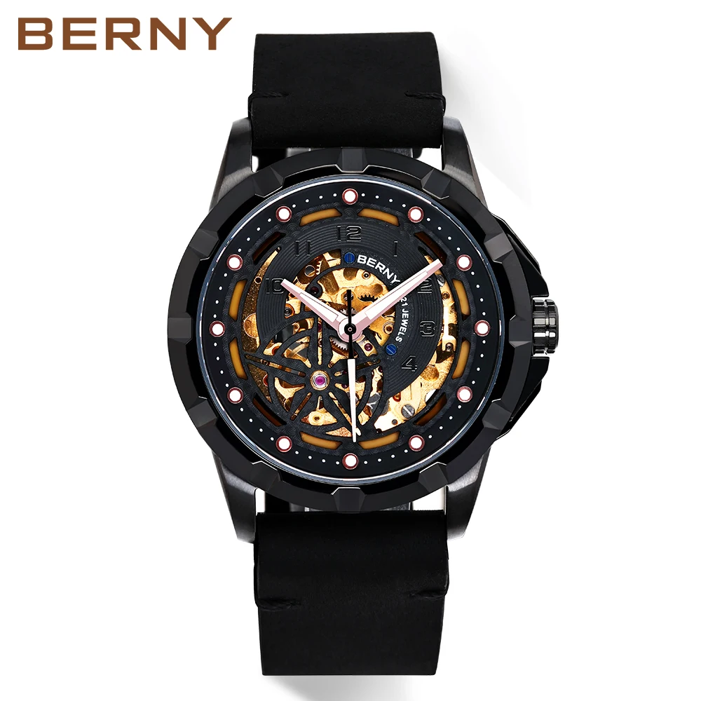 BERNY Men Automatic Self Winding Watch BERNY 8N24 Skeleton Mechanical Watches Luxury Steampunk Luminous Waterproof Wristwatch