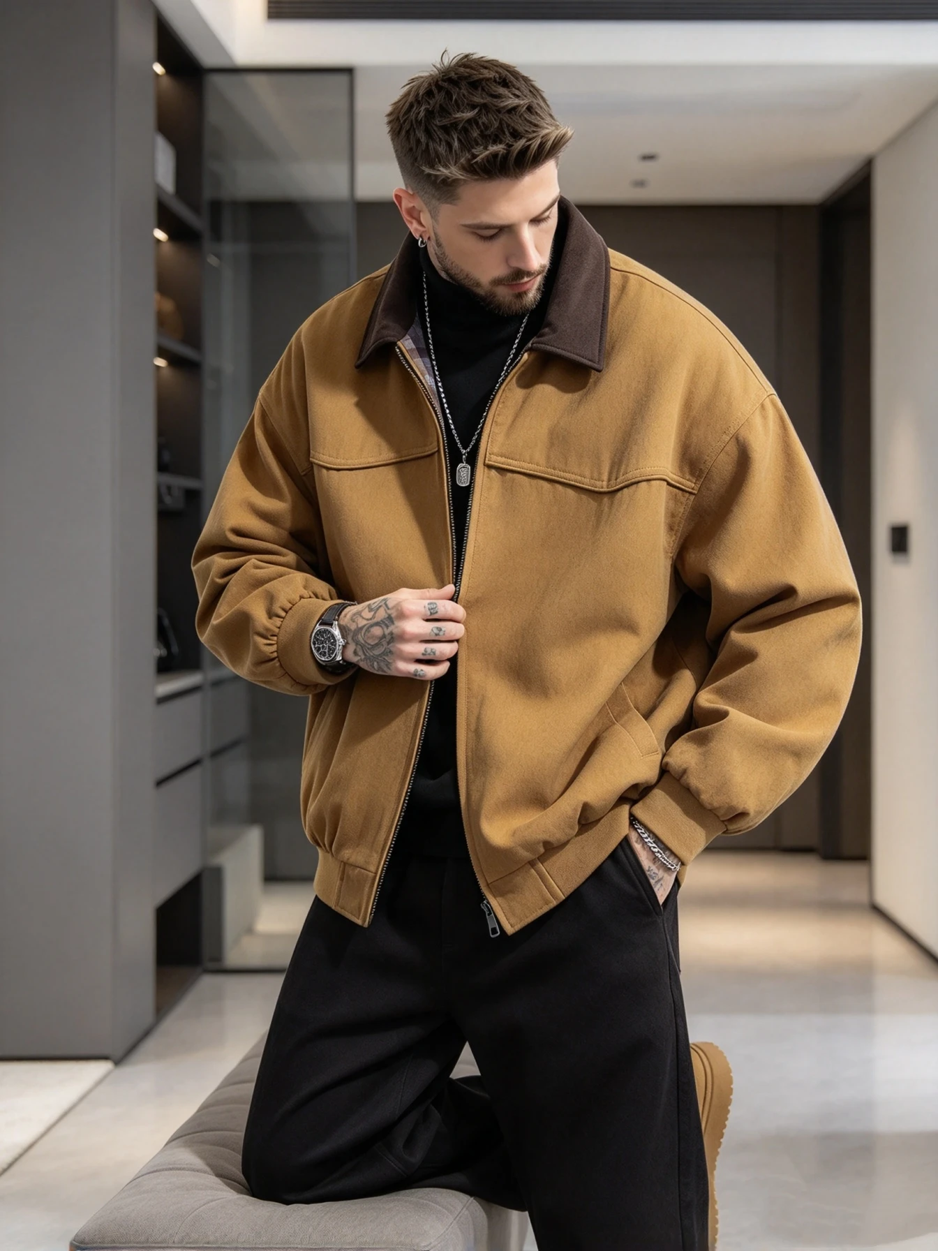 Men's Vintage Contrast Collar Canvas Jacket, Windproof Casual Zip Up Coat, Retro Relaxed Fit Outdoor Workwear Jacket for Autumn