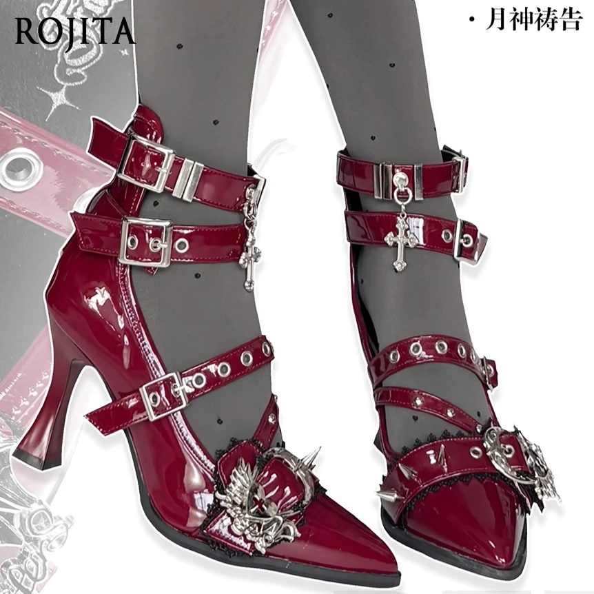 

Stiletto Pointed High Heels Japanese Original Gothic Style Elegant Fashion 9cm Women's Shoes Ankle Strap Patent Leather Shoes