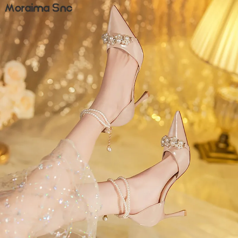 

Pearl Chain Black High-Heeled Shoes Pointed Toe Stiletto Temperament Celebrity High-Heeled Pumps Banquet Women's Shoes