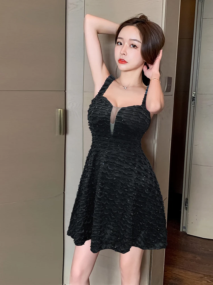 Mini robe courte Vintage en dentelle transparente pour femmes, Design épissé, décolleté en v profond, coupe cintrée, jupe trapèze noire, robe de soirée, de bal, de danse