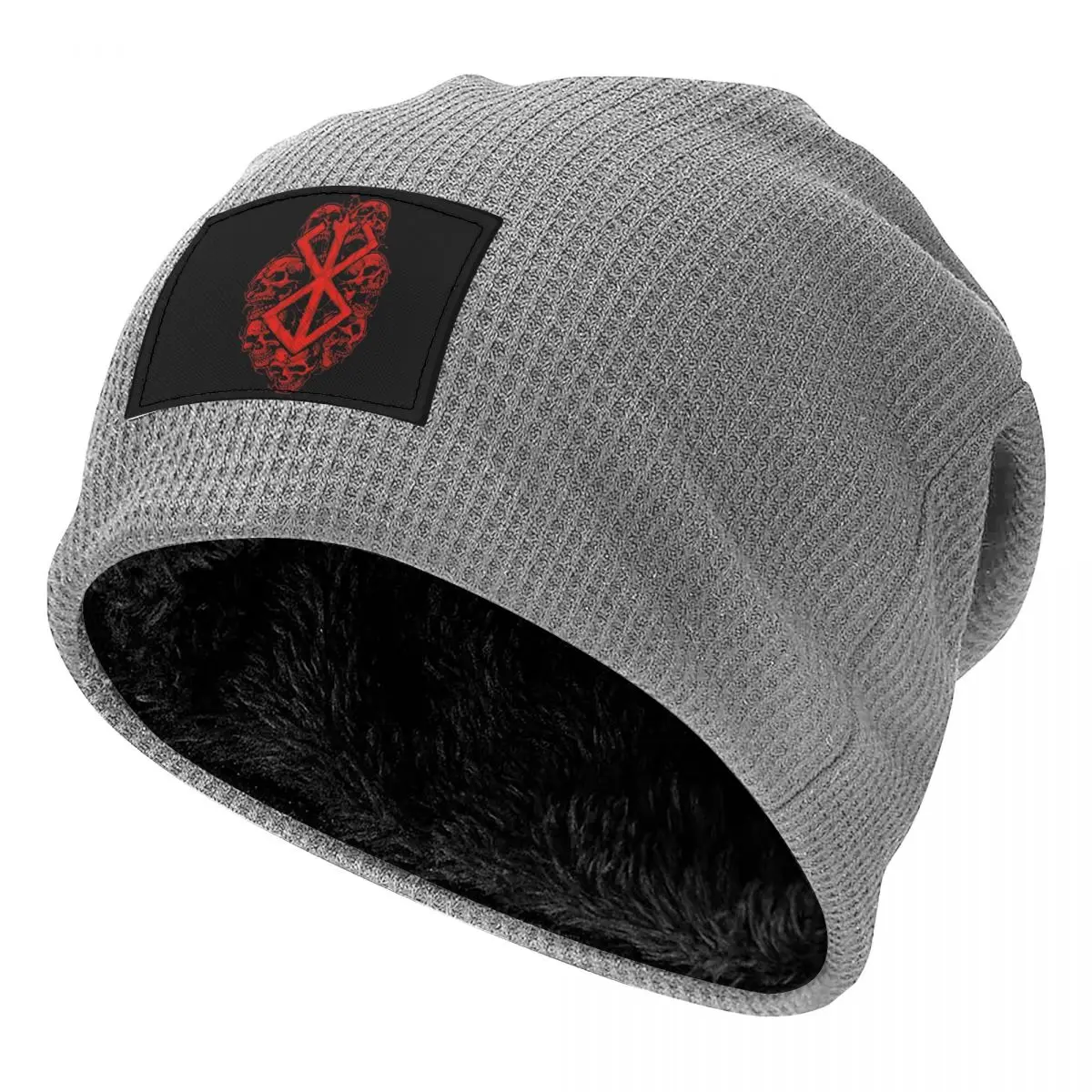 Berserk Sacrifice Mark Demon Sword And Magic Waffle Knit Fleece Lined Beanie with PU Leather Patch Unisex Warm Winter Soft Cap