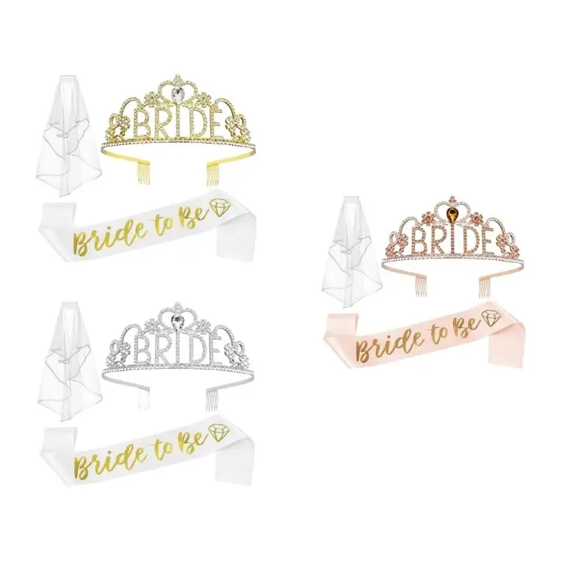 

31BB Crystal Tiaras Crownpiece With Satined Sash Veil Set For Bridal Shower Dressingup