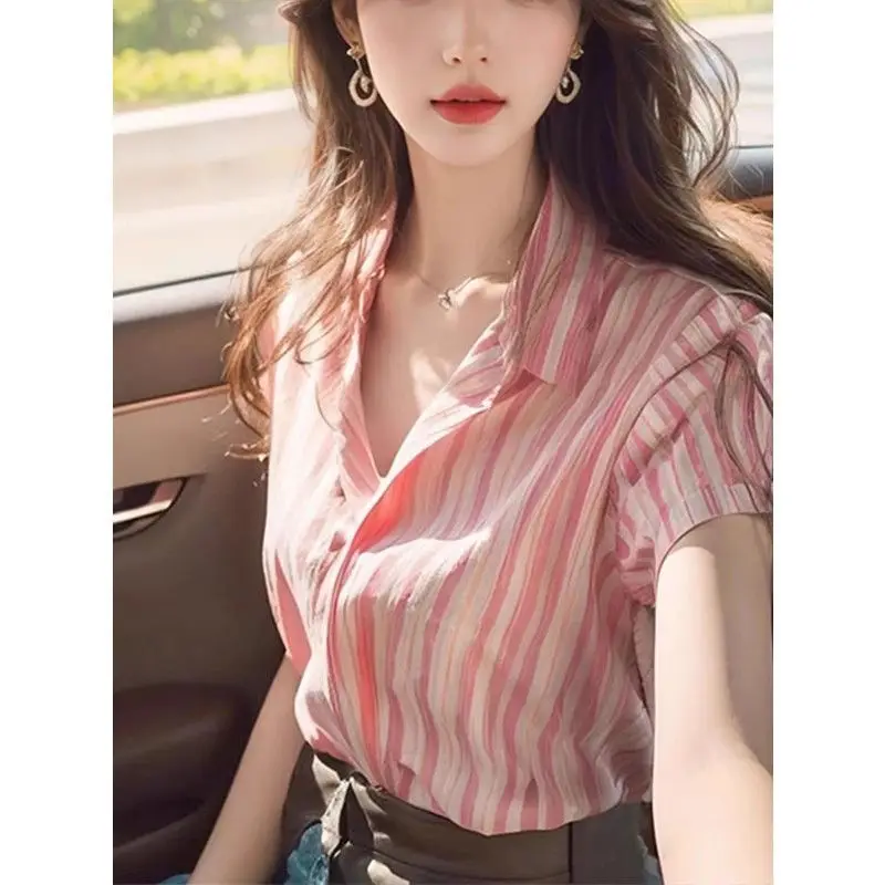 French Elegance สีชมพูลายคอปกแขนสั้นเสื้อผู้หญิงฤดูร้อน Chic หลวม