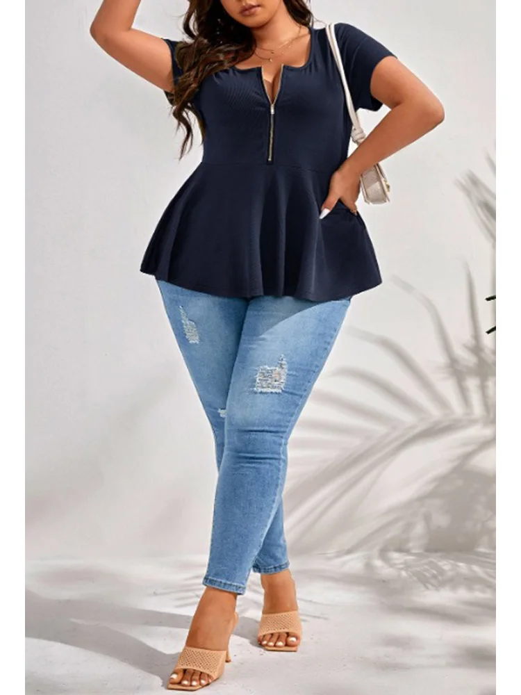 GIBSIE Plus Size Solid Zip Front Peplum Tops Women Summer 2024 New Fashion O-Neck Short Sleeve Female Casual T-Shirt Tops