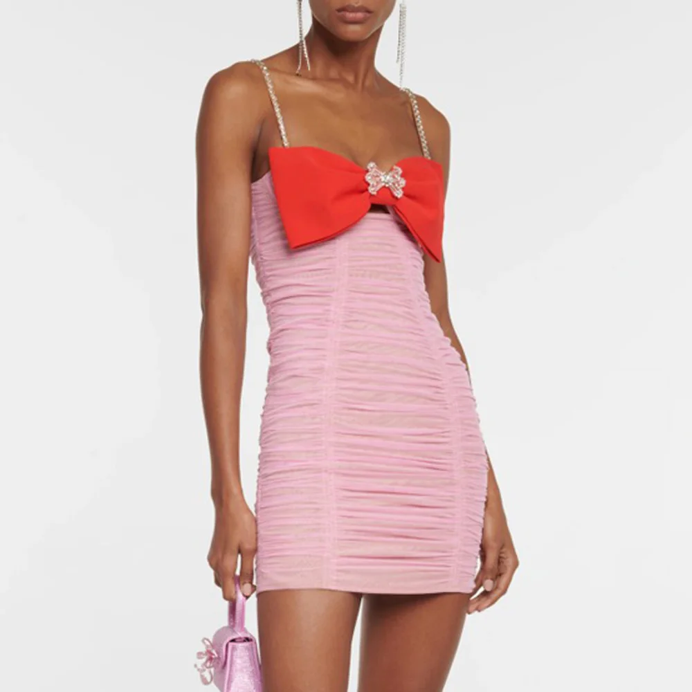 

Crystal Starps Pink Party Dresses With Folds Open Back Sexy Cocktail Dresses Y2K Women's Dresses Free Shipping Sexy Dress