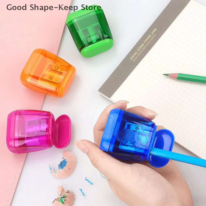 مجموعة مبراة أقلام رصاص يدوية محمولة بفتحة مزدوجة مكونة من 4 قطع مع غطاء وحاوية نجارة لأقلام الرصاص الملونة #2