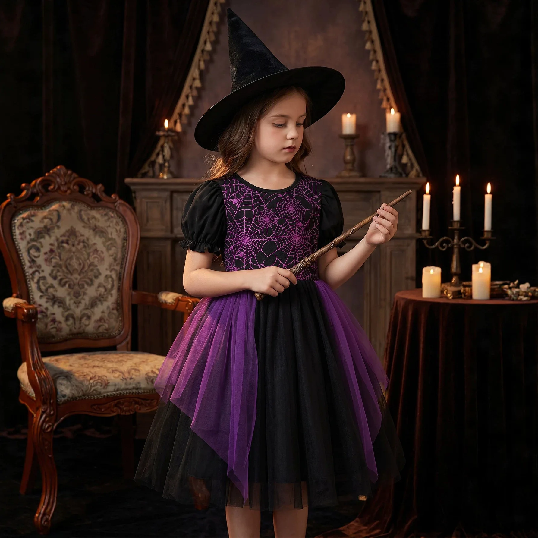 2026 Halloween New Short Sleeved Spider Web Dress for Foreign Creative Dark Party, Wind Mesh, Fluffy Skirt
