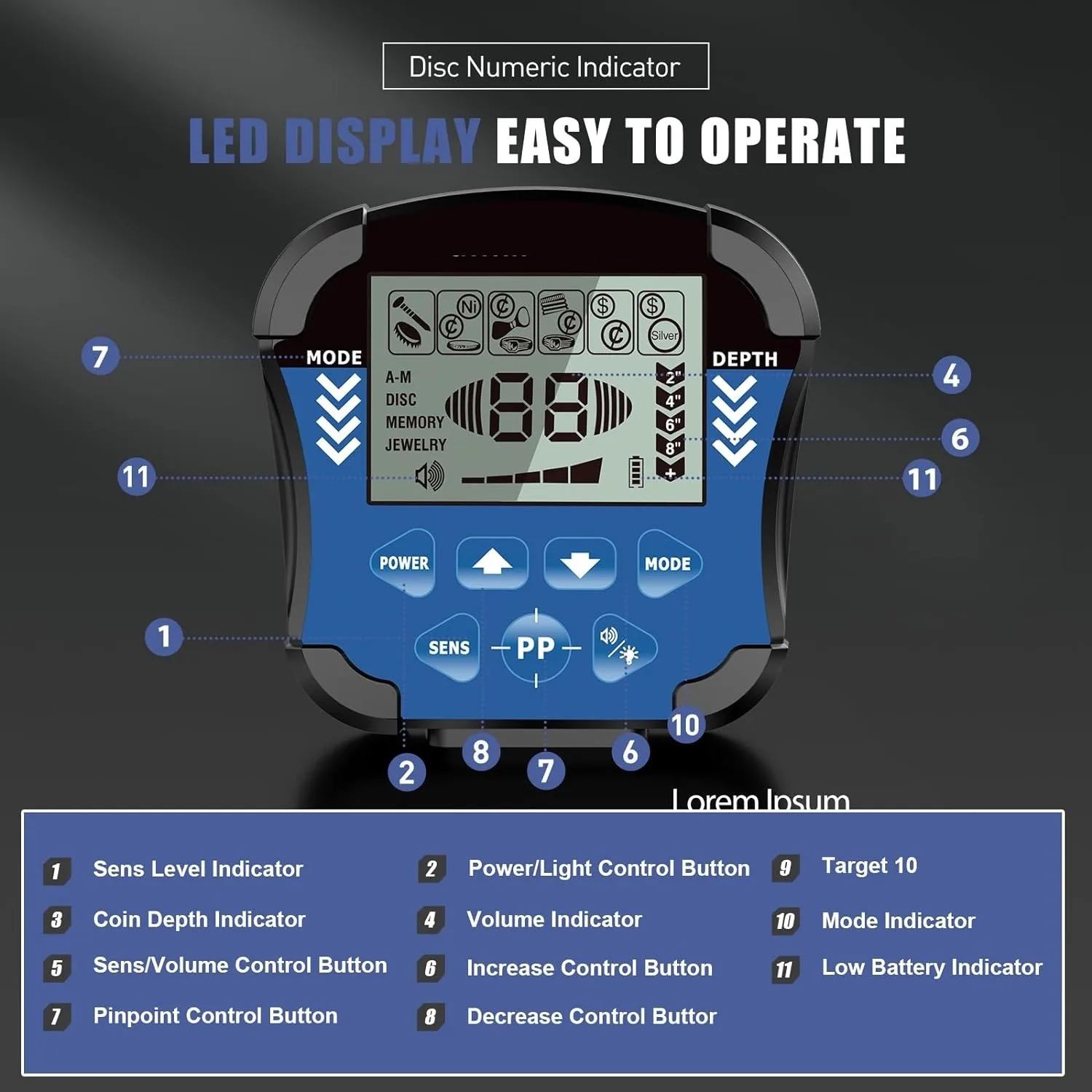 Professional high-precision detector, backlit LCD display screen, 5 modes, advanced DSP chip 12 inch coil metal detector (blue)