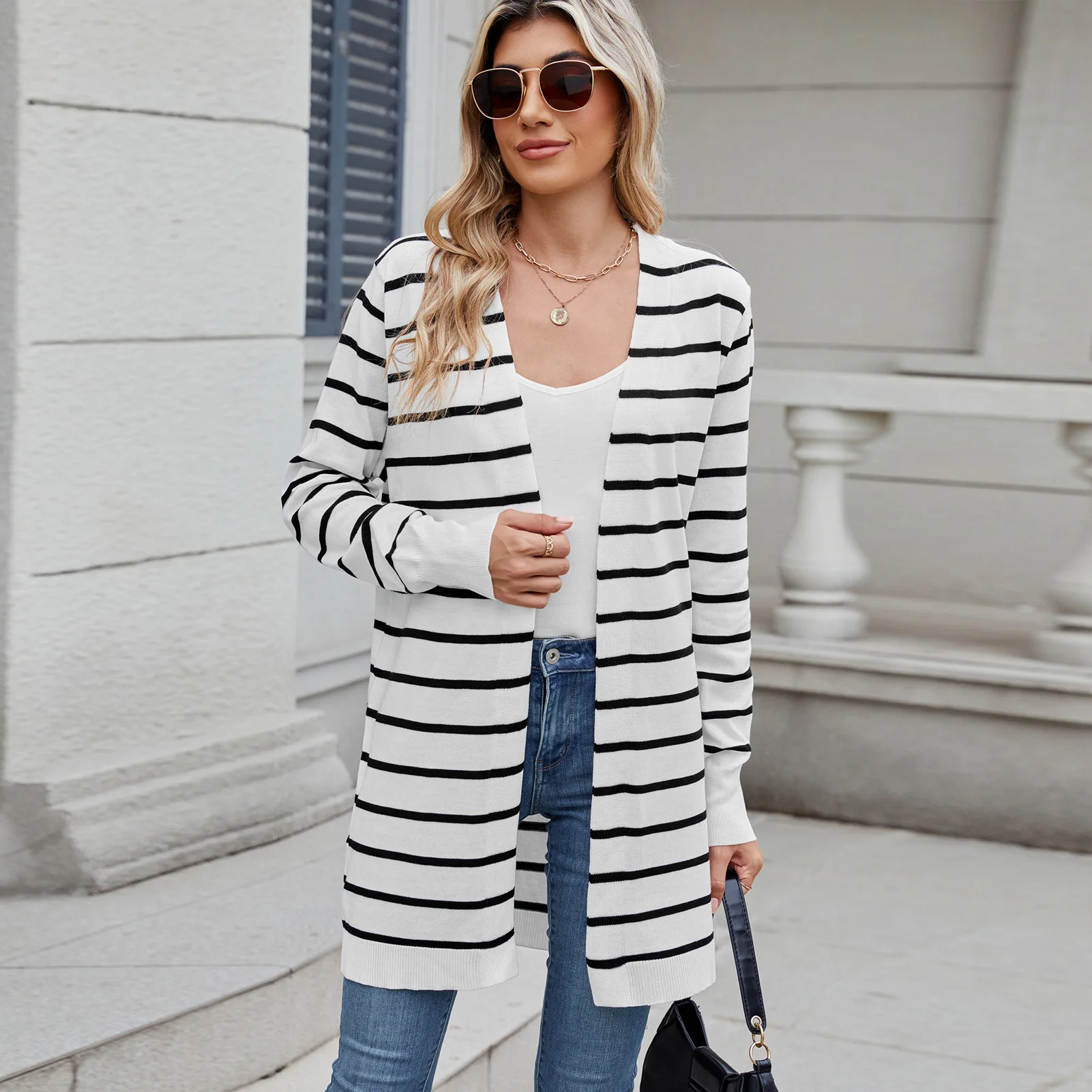 

2025 New Women's Cardigan Long Knitted Striped Jacket Sweater Coat Fashion Casual Women's Winter Clothing European American