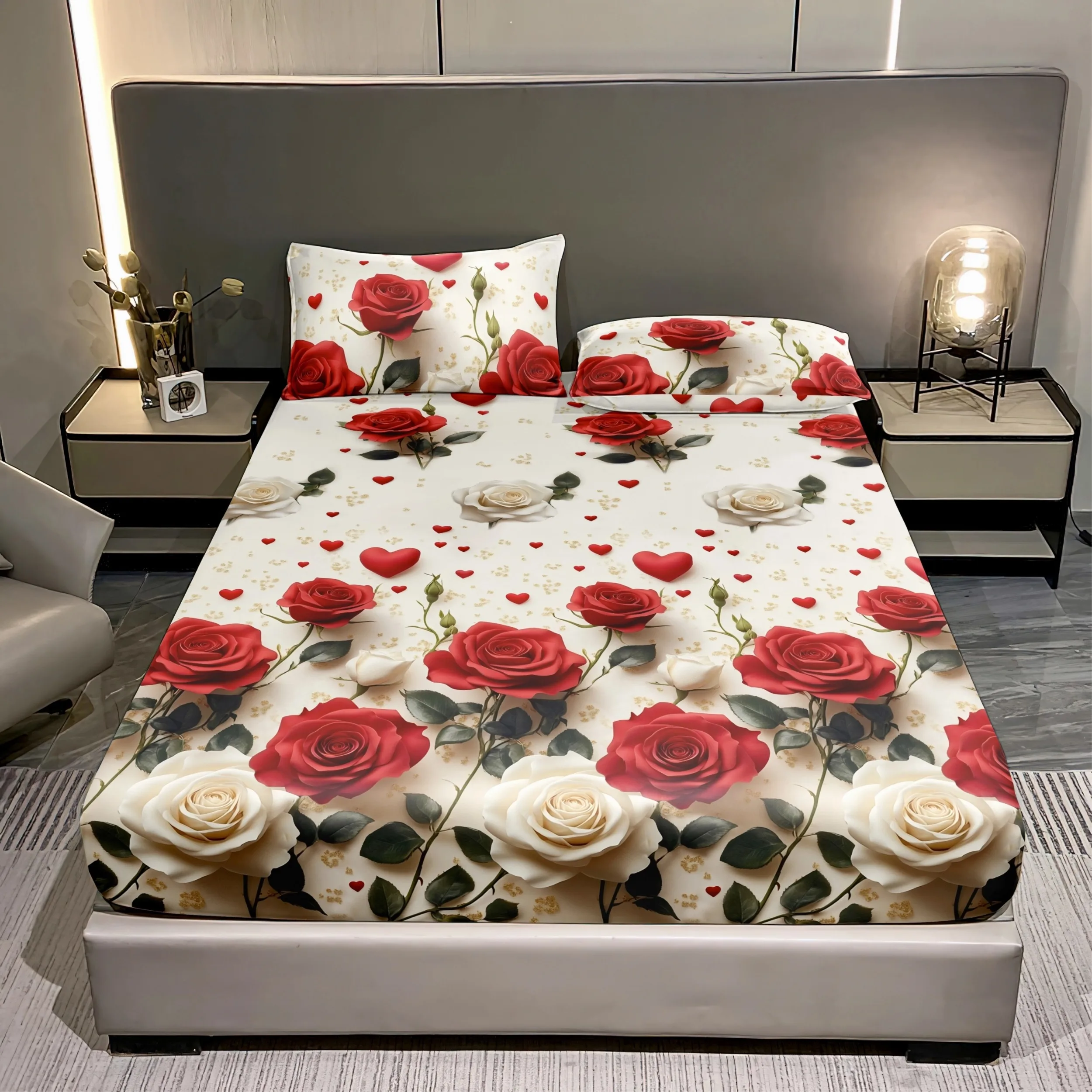 

Red And White Rose Cluster Romantic Style Bed Sheet And Pillowcase Three-Piece Set 2 Pillowcases+1 Fitted Sheet
