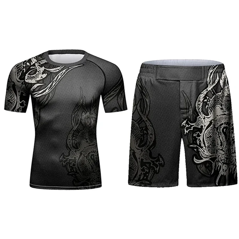 Men Fitness MMA Compression Fight Training T-shirt+Pants Set Sports Boxing T Shirts Wrestling Jiu Jitsu Rashguard Tight Shorts