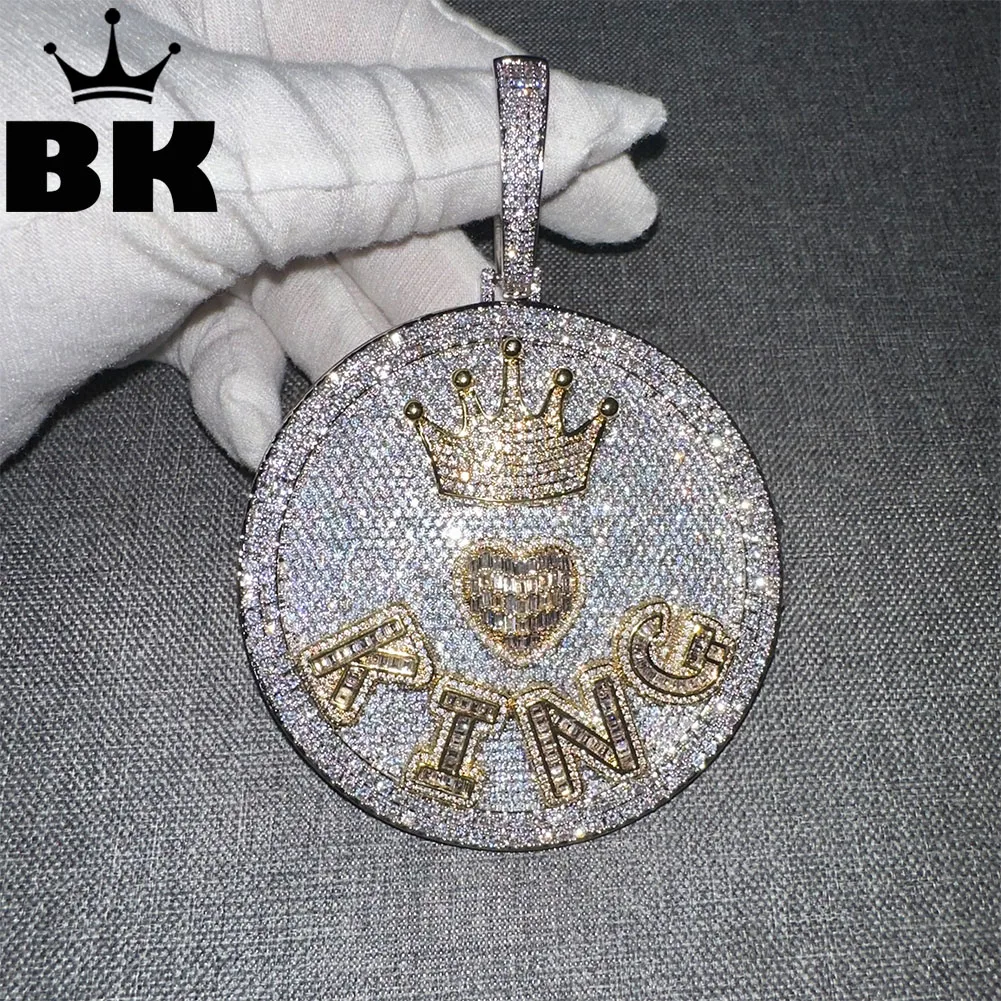 THE BLING KING Custom Name Large 80MM Round Iced Out Hip Hop Pendant Necklace Chunky Micro Paved CZ DIY Letter Crown Heart Charm