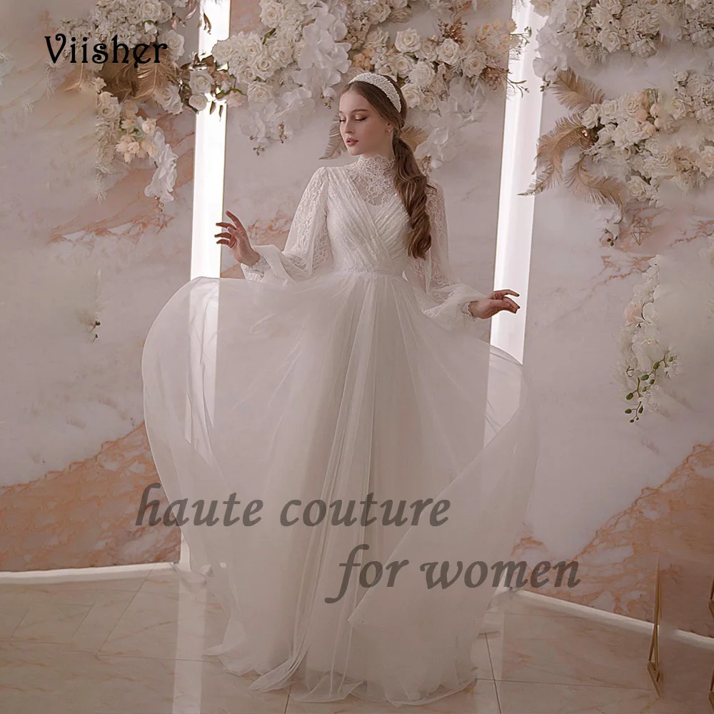 

White Chiffon Wedding Dresses for Bride Lace Long Sleeve High Neck Bridal Gowns Floor Length Elopement Wedding Dress