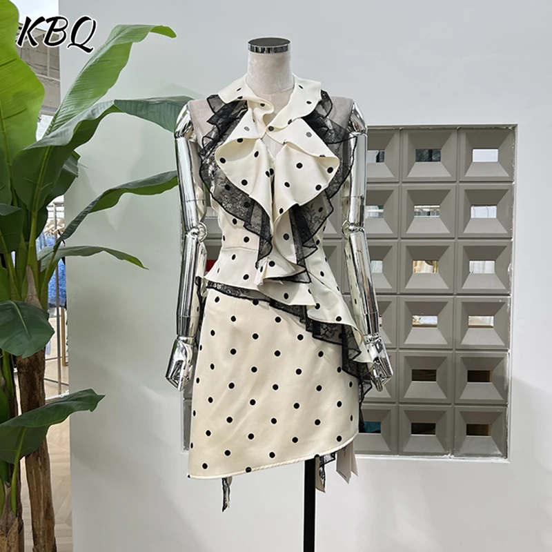 

KBQ Hit Color Spliced Lace Slimming Dresses for Women Lapel Sleeveless High Waist Ruffles Irregular Dress Female Fashion Style