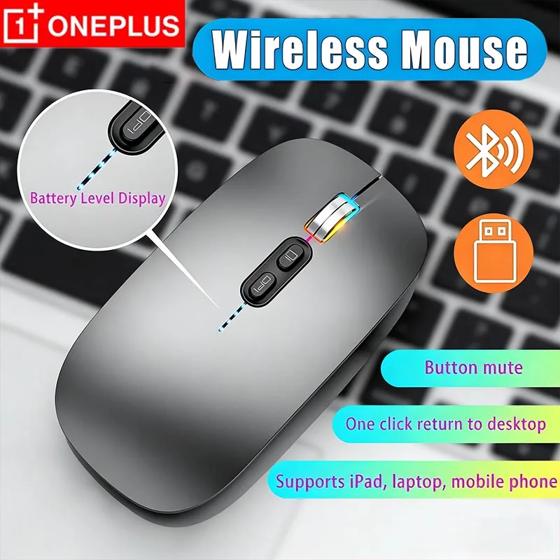 OnePlus Wireless Mouse Ultra-thin 3 Modes 2.4G USB & 2 Bluetooth Power Display Ergonomic Rechargeable Silent Mice For PC Laptop