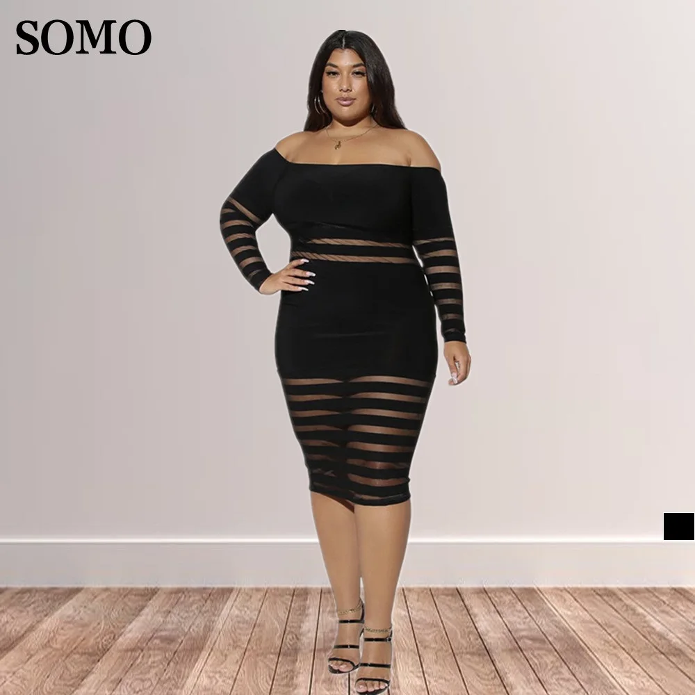 

Plus Size Clothing for Women Off Shoulder Sexy Mesh See Through Dresses Long Sleeve Party Bodycon Dress Wholesale Dropshipping