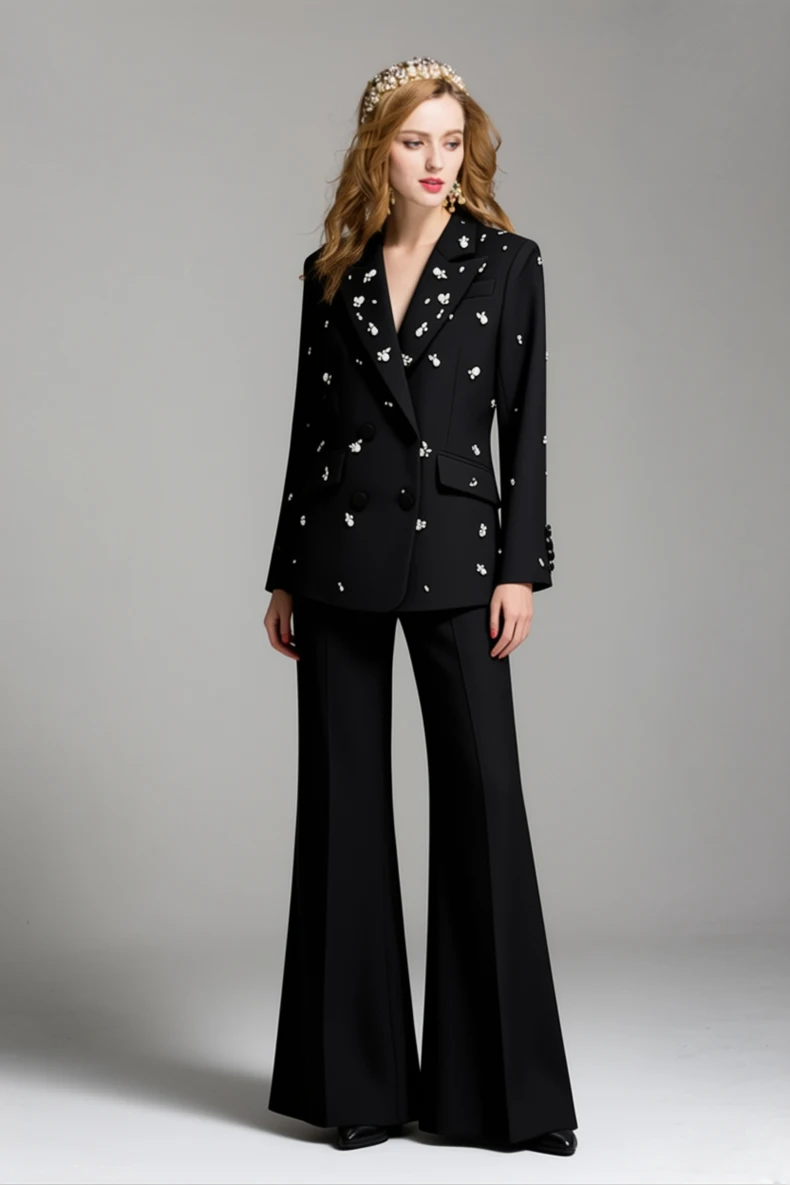 Women's Black Rhinestone Embellished Blazer Set, Double-breasted Jacket & Flared Pants Two-piece Suit, Elegant Office Lady Style