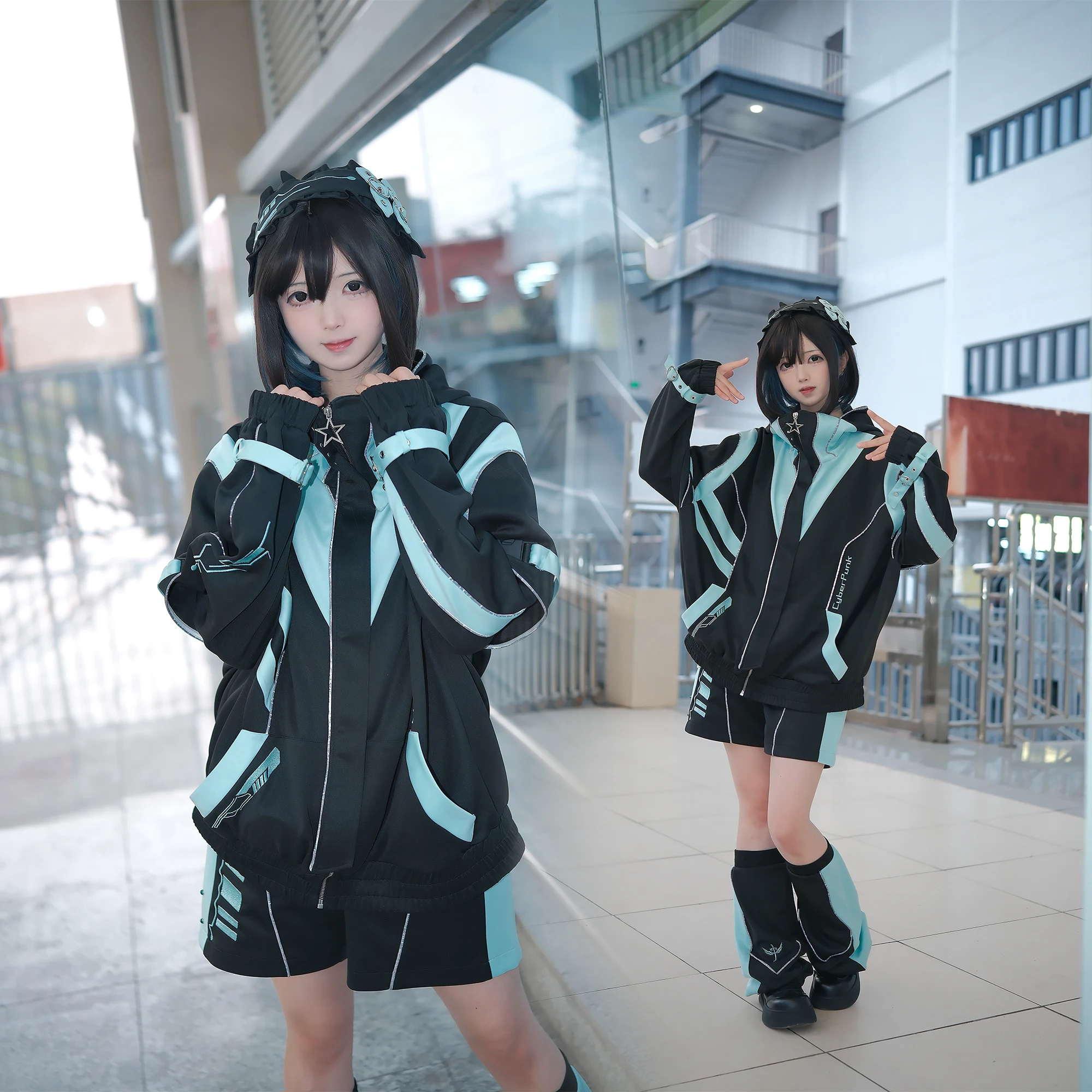 Conjunto de Top verde de estilo lindo de Anime Otaku de estilo japonés para grupo de chicas, diadema de otoño + chaqueta + pantalones cortos + calentadores de piernas