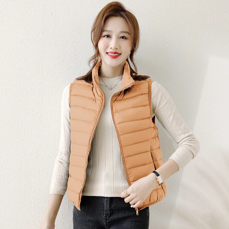 겨울용 초경량 90% 화이트 덕다운 베스트 코트 여성용 따뜻한 다운 조끼 재킷 여성 스탠드 칼라 슬리브리스 숏 탱크탑