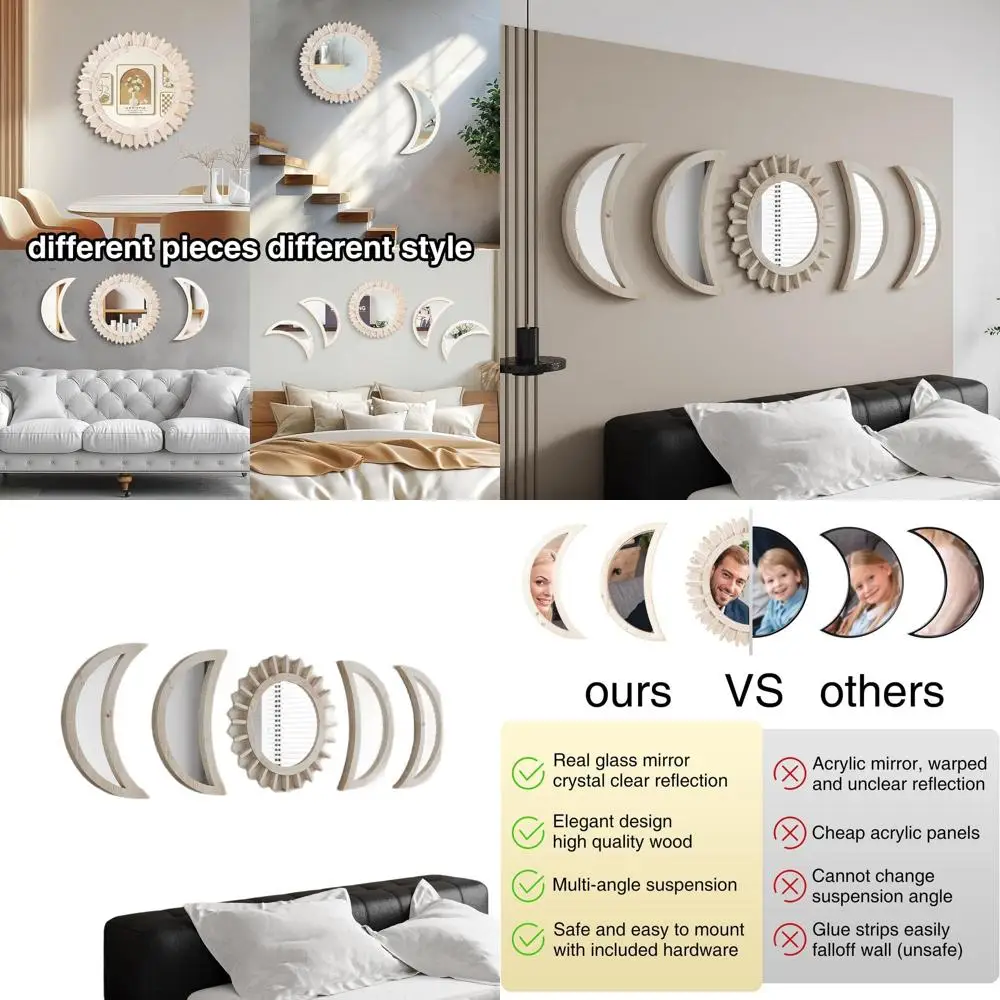 

5-Piece Wooden & Glass Moon Phase Wall Mirror Set for Bedroom, Boho Style, Multi-Angle Install